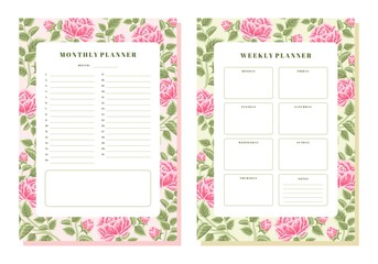 Set of printable vintage floral monthly and weekly planner vector template with rose, peony flowers and botanical leaf elements for school scheduler, seasonal events, reminder, bullet journal