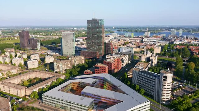 Almere city center (Almere Stad), aerial view. Flevoland, The Netherlands. Fly forward shot.
