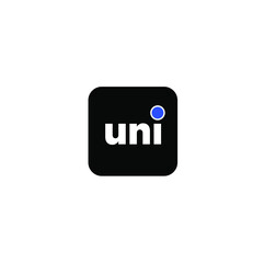 UNI letters on the black rounded square with a blue dot. UNI company logo. U N I monogram. 