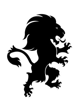 Lion black silhouette icon. Heraldic rampant lion. Heraldry logo design element and coats of arms. Vector illustration.