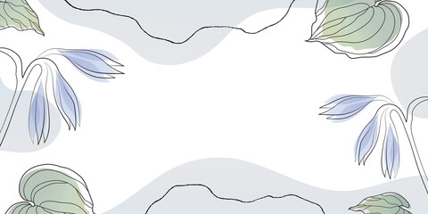 Abstract background in a line art style. Blue hosta flowers with leaves and hand drawn shapes. Design for banners, posters, covers and packaging.