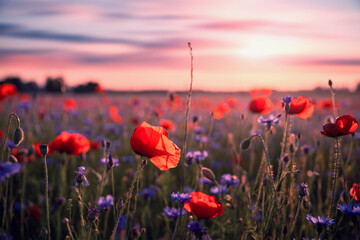 Kwiaty czerwonych maków polnych. Letnie kwitnące kwiaty. Czerwony mak polny na bezdrożach. Łąki kwietne z makami. Wiejskie rośliny. © anettastar