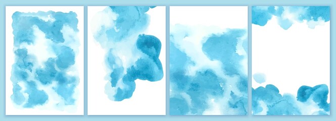 Set of blue watercolor backgrounds. Watercolor wash. Summer water, sea, ocean painting.