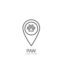 Paw outline vector icon. Editable stroke Pets here pinpoint icon. Pet shop map point sign