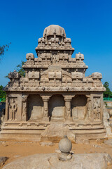 Exterior of the Dharmaraja Ratha, one of the Pancha Rathas (Five Rathas) of Mamallapuram, an Unesco World Heritage Site in Tamil Nadu, South India