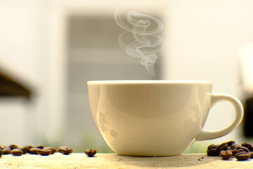 Coffee cup on table, coffee in the morning, space for text, hot cappuccino