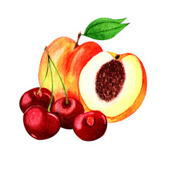 Ripe red cherries and peaches.Watercolor illustration isolated on white background.Composition of garden fruits and berries.Organic and healthy food.