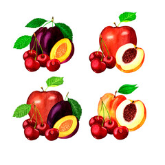 Set with four compositions of garden fruits and berries.Watercolor illustration on white background.Organic and healthy food.