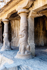 Columns with lion guards of the Bhima Ratha, one of the Pancha Rathas (Five Rathas) of...