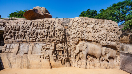 Arjuna's Penance in  Mamallapuram, an Unesco World Heritage Site in Tamil Nadu, South India, Asia