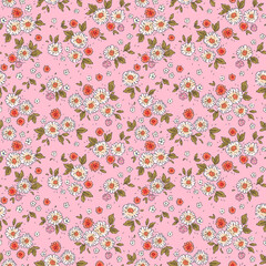 Vintage floral background. Floral pattern with small daisy white and orange flowers on a pink background. Seamless pattern for design and fashion prints. Ditsy style. Stock vector illustration.