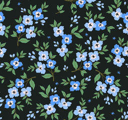 Seamless floral pattern. Ditsy background of small blue flowers. Small-scale flowers scattered over a dark blue background. Stock vector for printing on surfaces and web design.