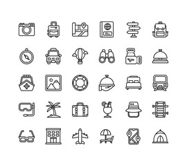 Holiday and travel icon set with outline style
