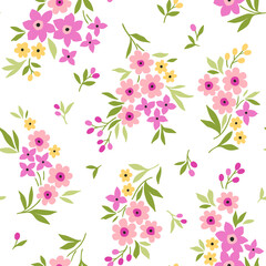 Cute floral pattern. Seamless vector pattern. Elegant template for fashion prints. Small pink and purple flowers for print. White background. Stock vector.