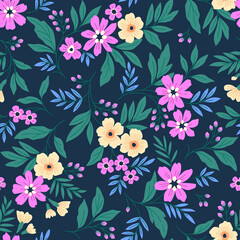Cute floral pattern. Seamless vector pattern. Elegant template for fashion prints. Small purple and yellow flowers for print. Navy  blue background. Stock vector.