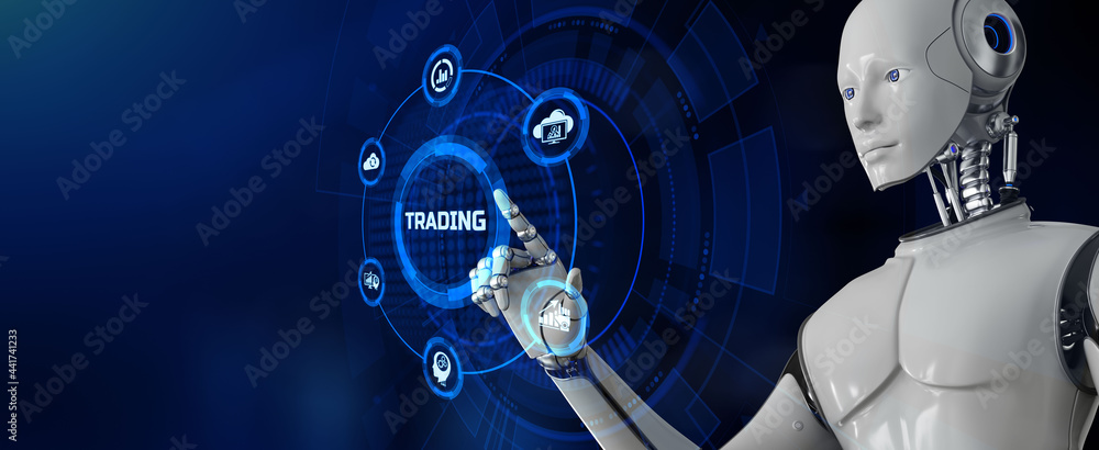 Poster trading automation robot forex financial technology concept. robot pressing virtual button 3d render