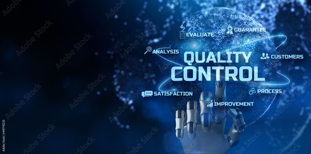 Poster quality control assurance standardisation standards iso. robotic arm 3d rendering.