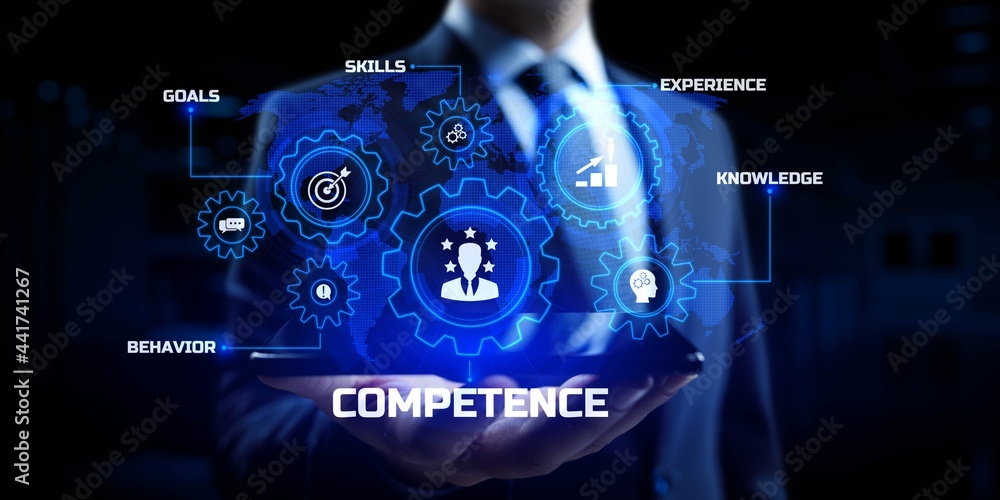 Poster competence skills business and personal development concept. businessman pressing button on screen.