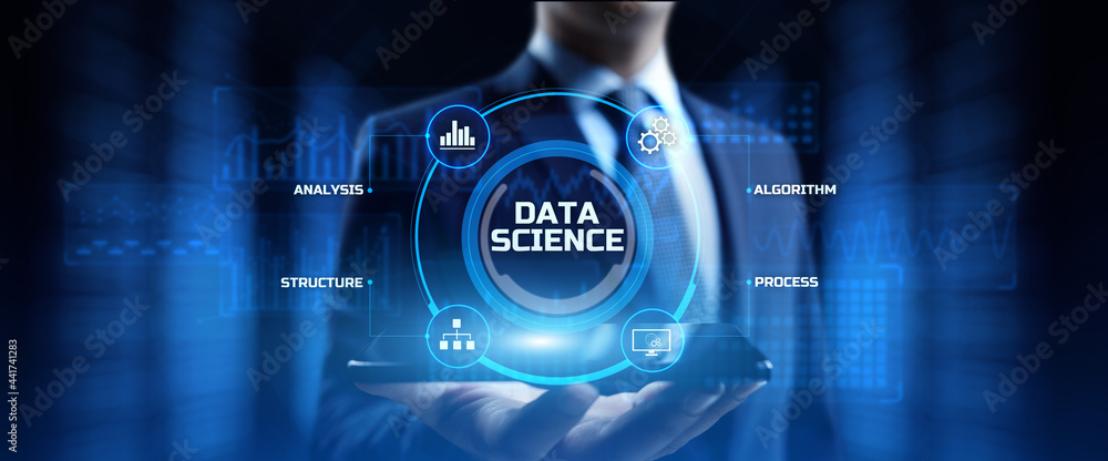 Poster data science analytics concept. businessman pressing button on screen.