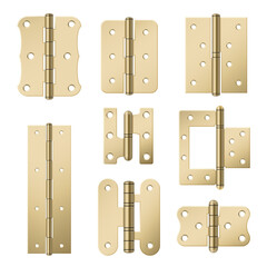 Set brass door hinges vector illustration golden metallic equipment for attached construction - obrazy, fototapety, plakaty