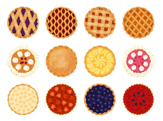 Collection of pies top view vector flat illustration. Set of various whole fresh baking sweet cakes - obrazy, fototapety, plakaty