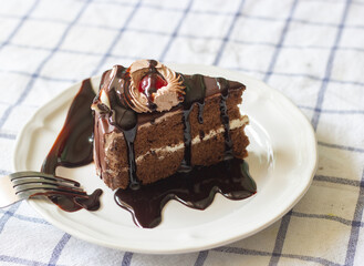 chocolate cake in a plate and chocolate sauce .