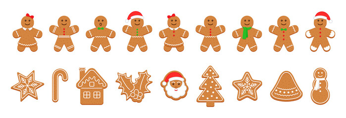 Xmas Gingerbread cookies. Christmas Classic biscuit. Cute ginger bread men, tree, santa, holly, snowman and gift box. Noel holiday sweet dessert isolated on white background. Vector illustration.
