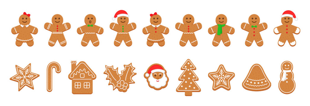 Xmas Gingerbread cookies. Christmas Classic biscuit. Cute ginger bread men, tree, santa, holly, snowman and gift box. Noel holiday sweet dessert isolated on white background. Vector illustration.