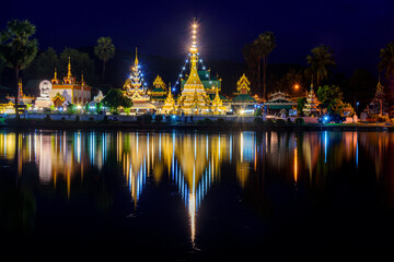 Night light and water reflection Wat Jongklang - Wat Jongkham the most favourite place for tourist in Mae hong son, Thailand.