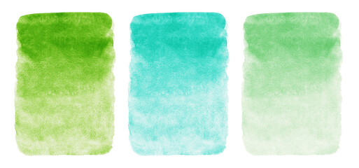 Green watercolor rectangle backgrounds set. Mint, aqua color, turquoise, grass green vertical gradient watercolour stains. Hand drawn creative painted texture, text frame with uneven artistic edges.