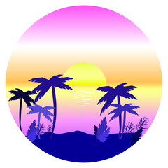 Vector retrowave landscape in a circle, round illustration of seascape with sea, palm trees and susnet