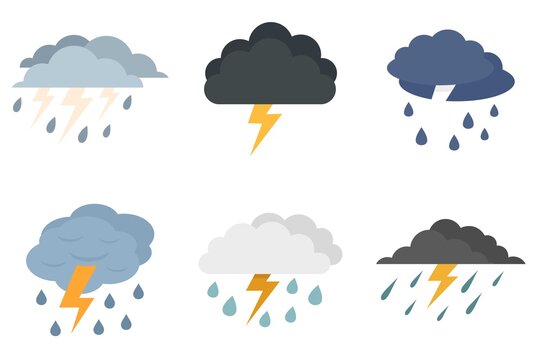 Thunderstorm icons set flat vector isolated