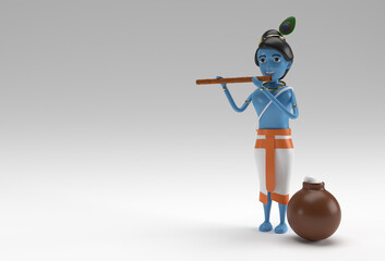 Lord Krishna playing bansuri (flute) with a pot of butter. 3D Render illustration.