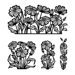 Set of silhouettes of flowers drawn with black lines. Chamomile bouquets, buds, petals, leaves, stems isolated on white background. Hand drawn sketch. Vector illustration for coloring book or tattoo.
