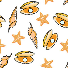 Vector sea shells seamless pattern with conch, starfish, pearl shell isolated on white background