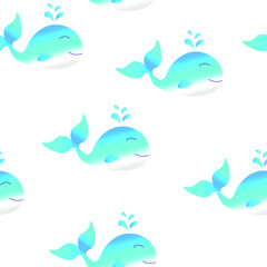 Vector illustration of a cute baby whale, whale seamless pattern in cartoon style