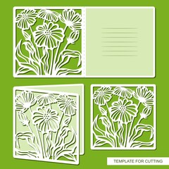 Folding card with carved flowers, daisies. Blank for congratulations on Mother's Day, March 8, Women's Day, wedding invitation with lines for text. Vector template for plotter laser cutting of paper.