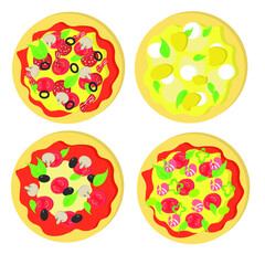 vector illustration of pizza set, meat pizza, vegetarian, seafood (shrimps) and four cheese pizza
