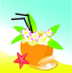 Vector coconut cocktail with drinking straw, hawaiian flowers and green leaves, fun cartoon style. Tropical summer cocktail with sea shells and starfish on the beach