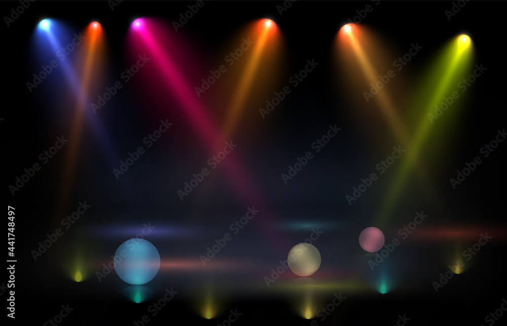 Poster multi-colored spotlights shine in different directions with smoke and realistic balls. vector illust