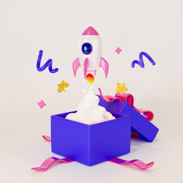 Space rocket launch. Opened gift box with confetti. 3d render