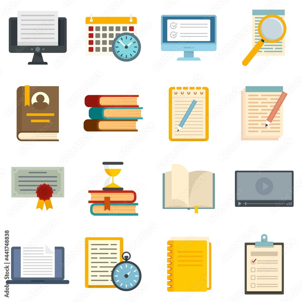 Poster preparation for exams icons set flat vector isolated