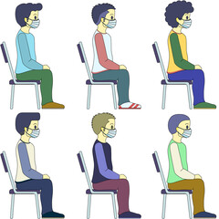 椅子に座り待機するマスクをつけた男性（アウトライン・六人）