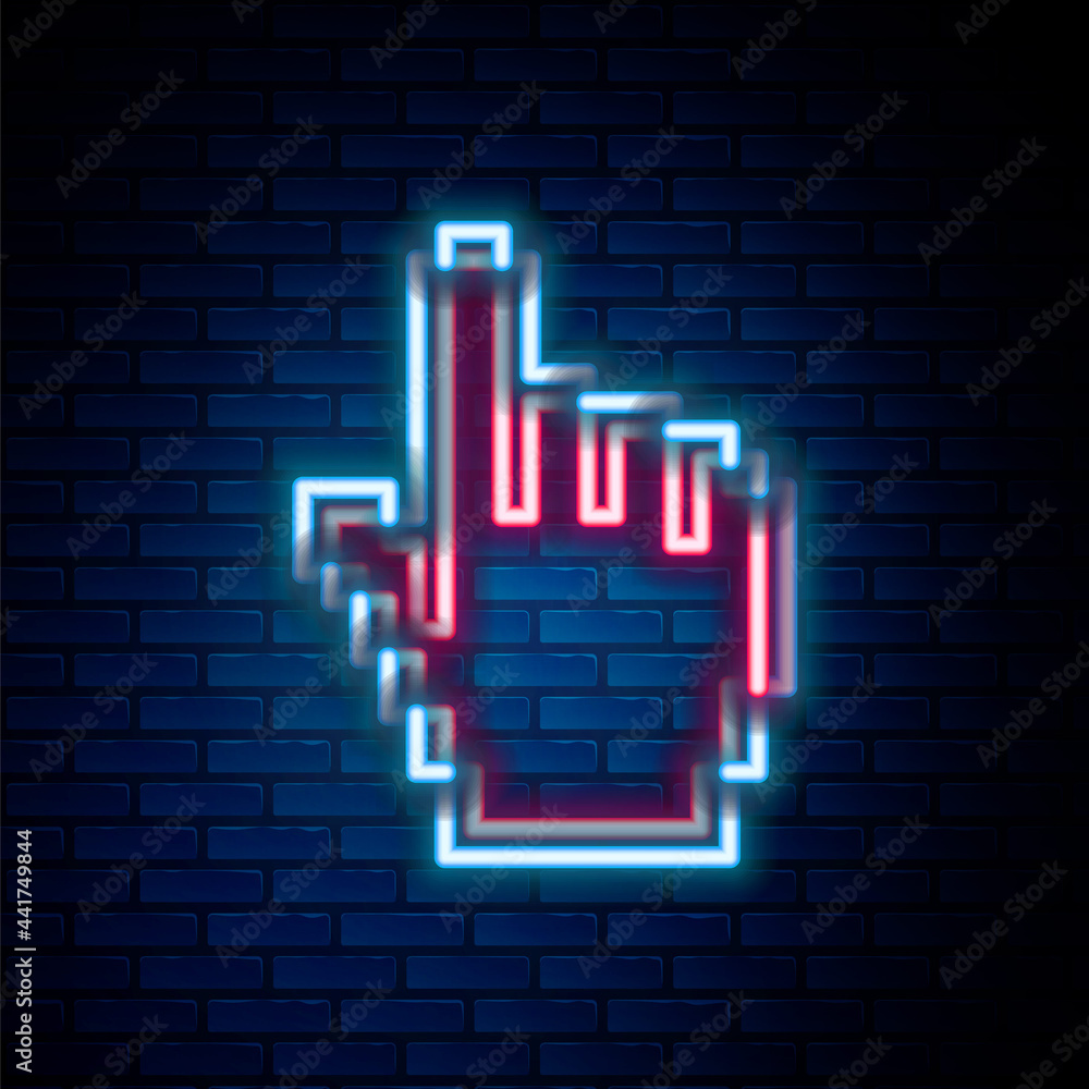 Aufkleber glowing neon line pixel hand cursor icon isolated on brick wall background. pointer hand cursor. col