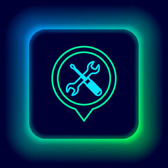 Glowing neon line Location with crossed screwdriver and wrench tools icon isolated on black background. Pointer settings symbol. Colorful outline concept. Vector