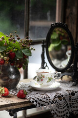 Fototapeta na wymiar Sweet fresh strawberry in vintage dishes. Ripe berries fruit, tasty ingredient for many dishes.