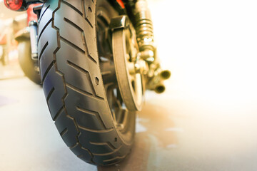 Motorcycle Tyre Big bike - Closeup Rear wheel of Bigbike motorcycle at the city street Technology...