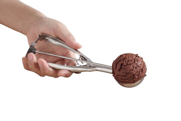 Hand holding chocolate ice cream in spoon for scoop on white background