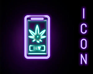 Glowing neon line Mobile phone and medical marijuana or cannabis leaf icon isolated on black background. Online buying symbol. Supermarket basket. Colorful outline concept. Vector
