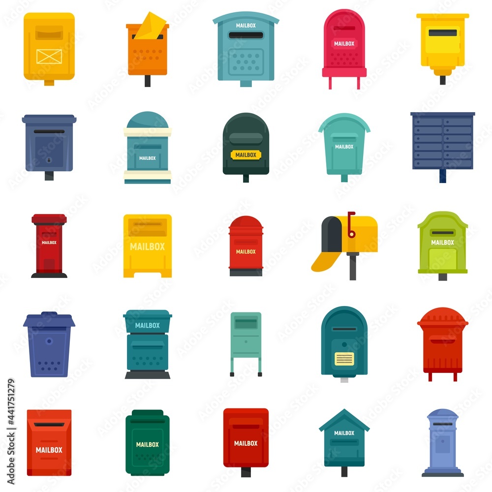 Poster mailbox icons set flat vector isolated